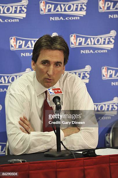 Head Coach Vinny Del Negro of the Chicago Bulls talks with the media following Game Three of the Eastern Conference Quarterfinals against the Boston...