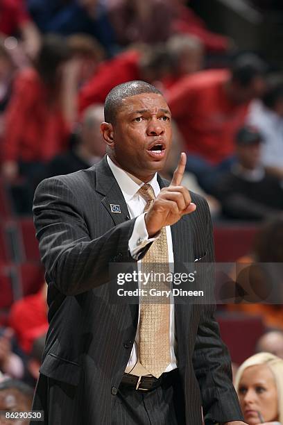 Head coach Doc Rivers of the Boston Celtics gestures from the sideline in Game Three of the Eastern Conference Quarterfinals against the Chicago...