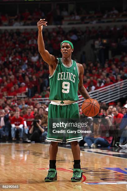 Rajon Rondo of the Boston Celtics moves the ball against the Chicago Bulls in Game Three of the Eastern Conference Quarterfinals during the 2009 NBA...