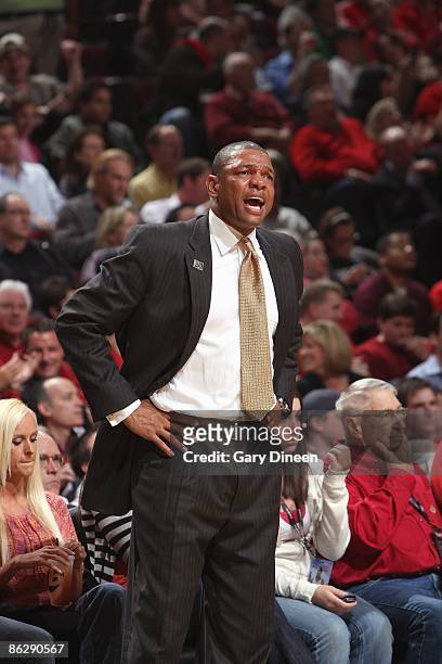Head coach Doc Rivers of the Boston Celtics shouts from the sideline in Game Three of the Eastern Conference Quarterfinals against the Chicago Bulls...
