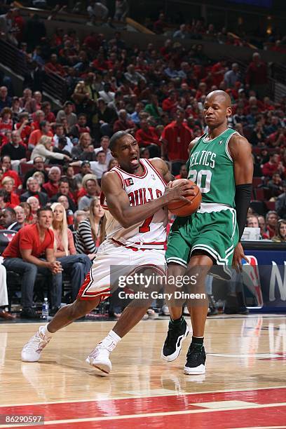 Ben Gordon of the Chicago Bulls drives against Ray Allen of the Boston Celtics in Game Three of the Eastern Conference Quarterfinals during the 2009...