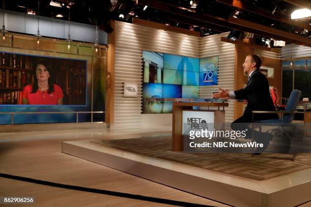 Pictured:  Nikki Haley, U.S. Ambassador to the United Nations ; moderator Chuck Todd, appear on "Meet the Press" in Washington, D.C., Sunday, Oct....