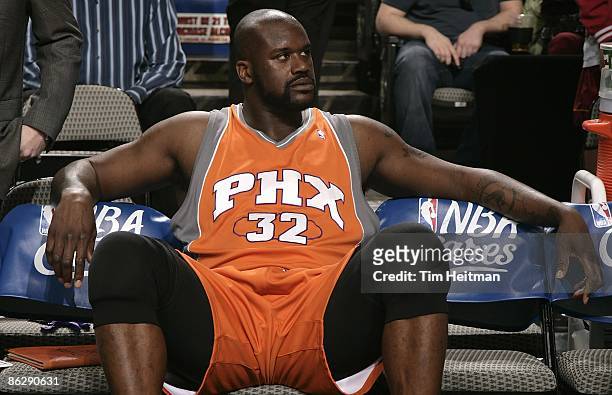Shaquille O'Neal of the Phoenix Suns sits on the bench during the game against the Dallas Mavericks on April 5, 2009 at the American Airlines Center...