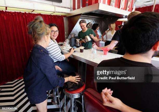 Actor Kimmy Robertson poses and talks with fans and patrons at Showtime's "Twin Peaks" Double R Diner Pop-Up on Melrose Avenue on October 18, 2017 in...