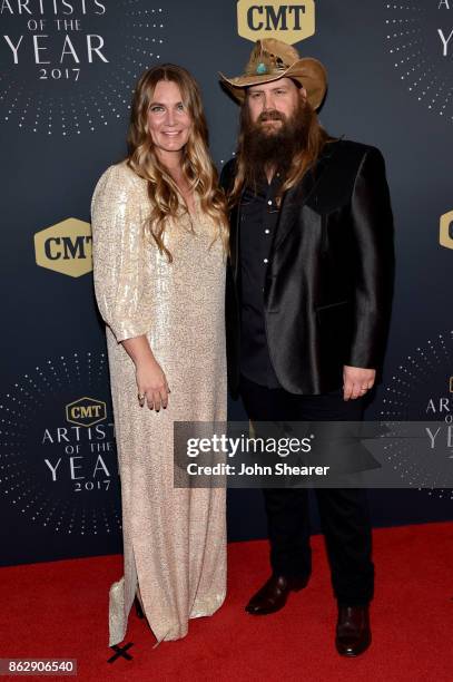 Singer-songwriters Morgane Stapleton and Chris Stapleton arrive at the 2017 CMT Artists Of The Year on October 18, 2017 in Nashville, Tennessee.