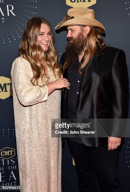 Singer-songwriters Morgane Stapleton and Chris Stapleton arrive at the 2017 CMT Artists Of The Year on October 18, 2017 in Nashville, Tennessee.