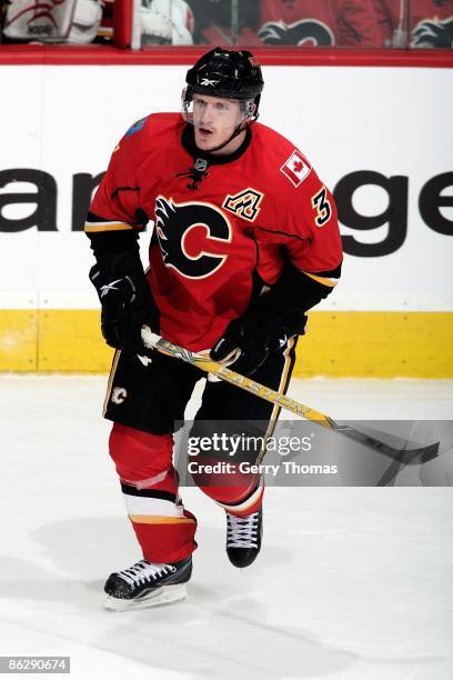 Dion Phaneuf of the Calgary Flames skates against the Chicago Blackhawks during Game Four of the Western Conference Quarterfinal Round of the 2009...