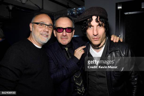 Alex Coletti, Honoree Elvis Costello and Musician Jesse Malin pose backstage during the Little Kids Rock Benefit 2017 at PlayStation Theater on...