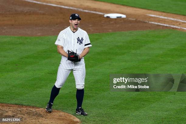 Tommy Kahnle of the New York Yankees celebrates after defeating the Houston Astros in Game Five of the American League Championship Series at Yankee...