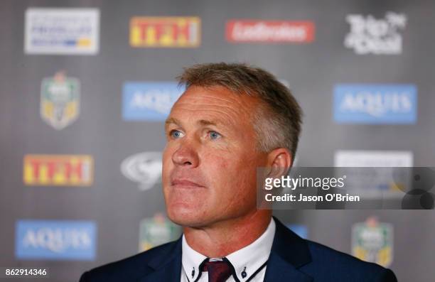 Garth Brennan speaks to the media after being announced as the new Gold Coast Titans NRL coach at Titans Centre of Excellence on October 19, 2017 in...