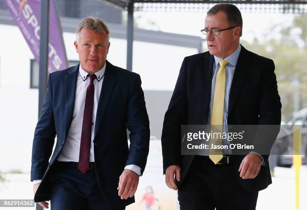 Garth Brennan with CEO Graham Annesley after being announced as the new Gold Coast Titans NRL coach at Titans Centre of Excellence on October 19,...