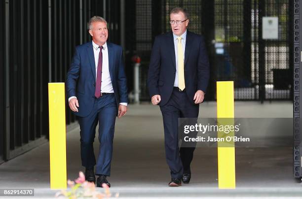 Garth Brennan with CEO Graham Annesley after being announced as the new Gold Coast Titans NRL coach at Titans Centre of Excellence on October 19,...