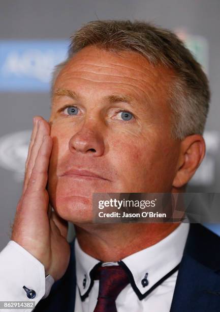 Garth Brennan speaks to the media after being announced as the new Gold Coast Titans NRL coach at Titans Centre of Excellence on October 19, 2017 in...