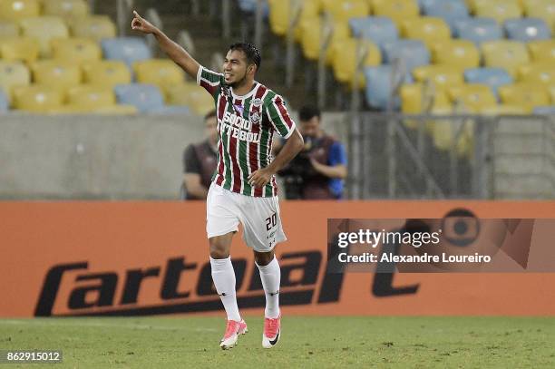 Junior Sornoza of Fluminense celebrates a scored goal during the match between Fluminense and Sao Paulo as part of Brasileirao Series A 2017 at...