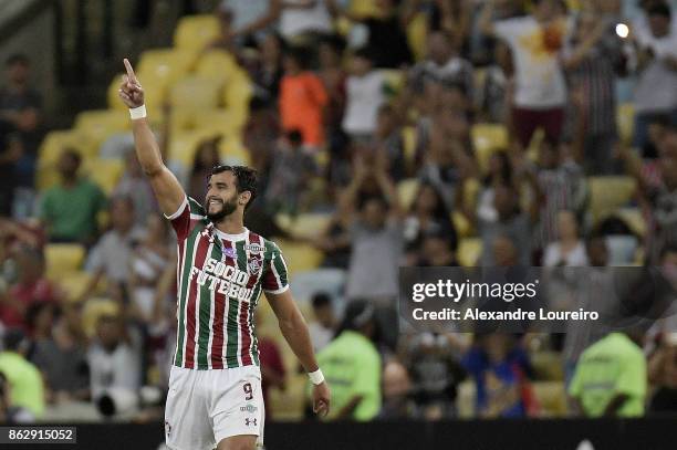 Henrique Dourado of Fluminense celebrates a scored goal during the match between Fluminense and Sao Paulo as part of Brasileirao Series A 2017 at...