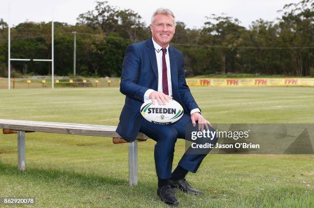 Garth Brennan speaks to the media after being announced as the new Gold Coast Titans NRL coach at Titans Centre of Excellence on October 19, 2017 in...