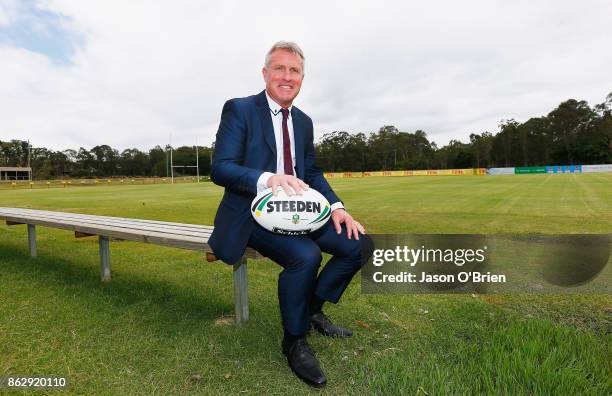 Garth Brennan speaks to the media after being announced as the new Gold Coast Titans NRL coach at Titans Centre of Excellence on October 19, 2017 in...