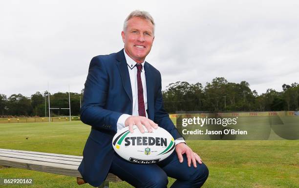 Garth Brennan speaks to the media after being announced as the new Gold Coast Titans NRL coach at Titans Centre of Excellence on October 19, 2017 in...