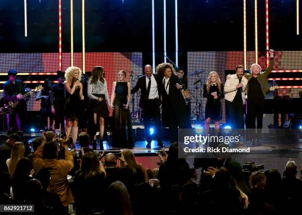 Kimberly Schlapman, Karen Fairchild, Danielle Bradbery, Common, Andra Day, Lee Ann Womack, Jimi Westbrook, and Phillip Sweet perform onstage at the...