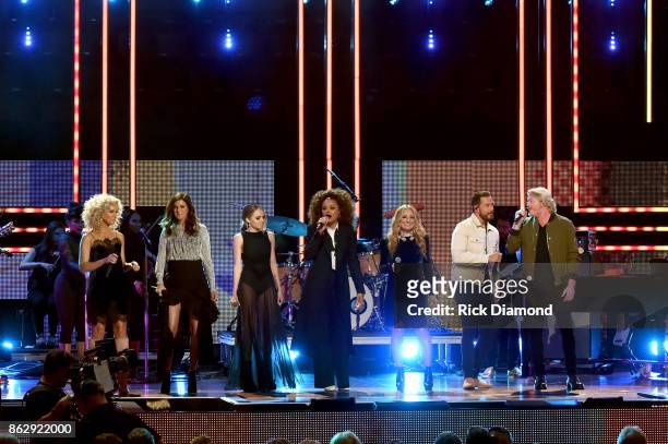 Kimberly Schlapman, Karen Fairchild, Danielle Bradbery, Common, Andra Day, Lee Ann Womack, Jimi Westbrook, and Phillip Sweet perform onstage at the...