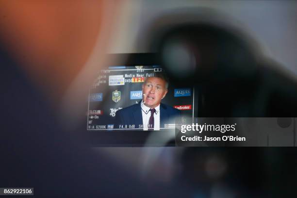 Garth Brennan speaks to the media after being announced as the new Gold Coast Titans NRL coach at Titans Centre of Excellence on October 19, 2017 in...