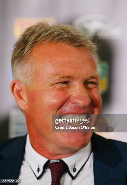 Garth Brennan speaks to the media after being announced as the new Gold Coast Titans NRL coach at Titans Centre of Excellence on October 19, 2017 in...