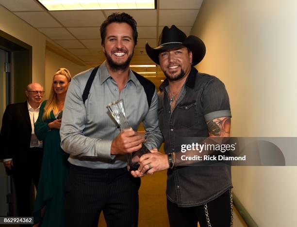 Honorees Luke Bryan and Jason Aldean backstage at the 2017 CMT Artists Of The Year on October 18, 2017 in Nashville, Tennessee.