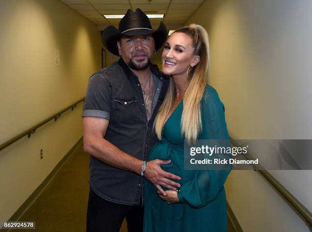 Honoree Jason Aldean and Brittany Kerr backstage at the 2017 CMT Artists Of The Year on October 18, 2017 in Nashville, Tennessee.