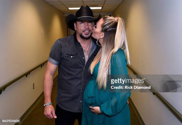 Honoree Jason Aldean and Brittany Kerr backstage at the 2017 CMT Artists Of The Year on October 18, 2017 in Nashville, Tennessee.