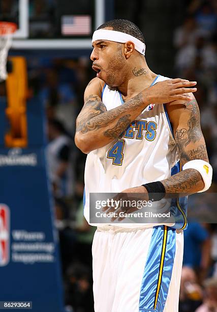 Kenyon Martin of the Denver Nuggets reacts to a play against the New Orleans Hornets during Game Five of the Western Conference Quarterfinals during...