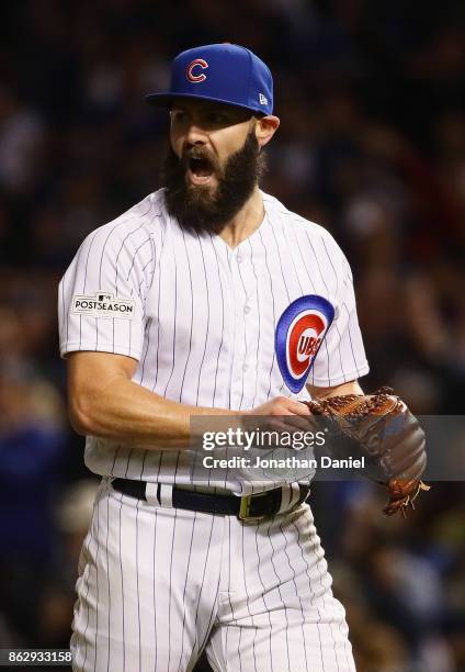 Jake Arrieta of the Chicago Cubs reacts in the middle of the sixth inning against the Los Angeles Dodgers during game four of the National League...