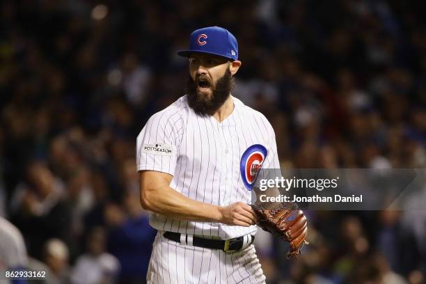 Jake Arrieta of the Chicago Cubs reacts in the middle of the sixth inning against the Los Angeles Dodgers during game four of the National League...