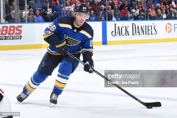 Paul Stastny of the St. Louis Blues skates with the puck against the Chicago Blackhawks at Scottrade Center on October 18, 2017 in St. Louis,...