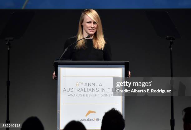 Kitty Green speaks onstage at the 6th Annual Australians in Film Award & Benefit Dinner at NeueHouse Hollywood on October 18, 2017 in Los Angeles,...