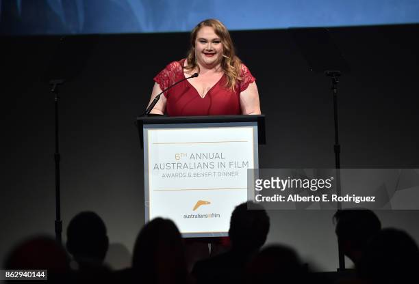 Danielle Macdonald speaks onstage at the 6th Annual Australians in Film Award & Benefit Dinner at NeueHouse Hollywood on October 18, 2017 in Los...