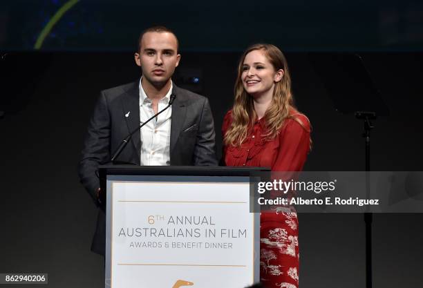 Mojean Aria and Ashleigh Cummings attend the 6th Annual Australians in Film Award & Benefit Dinner at NeueHouse Hollywood on October 18, 2017 in Los...