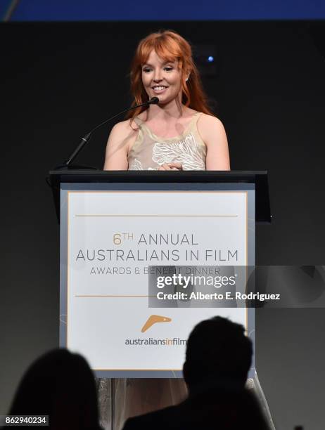 Stef Dawson speaks onstage at the 6th Annual Australians in Film Award & Benefit Dinner at NeueHouse Hollywood on October 18, 2017 in Los Angeles,...