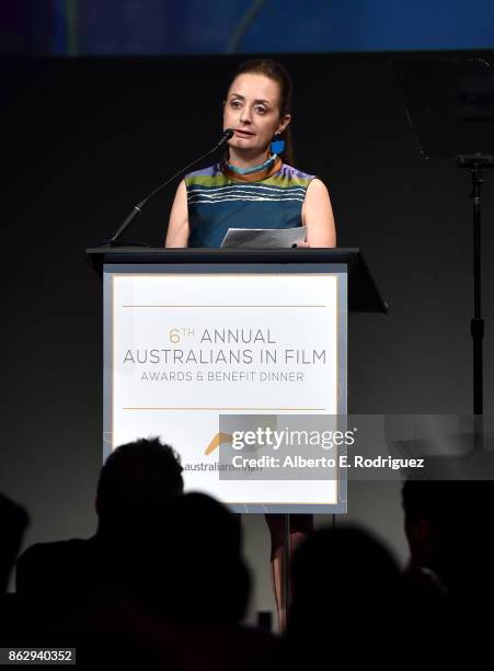 Kate Marks speaks onstage at the 6th Annual Australians in Film Award & Benefit Dinner at NeueHouse Hollywood on October 18, 2017 in Los Angeles,...