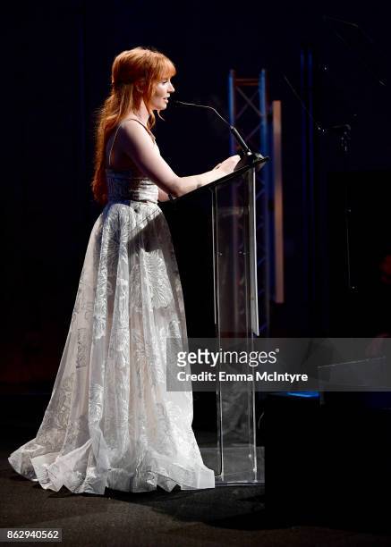 Stef Dawson speaks onstage at the 6th Annual Australians in Film Award & Benefit Dinner at NeueHouse Hollywood on October 18, 2017 in Los Angeles,...