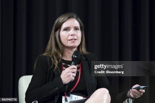 Meg Gentle, chief executive officer and president of Tellurian Inc., speaks at a panel discussion during the LNG Producer-Consumer Conference 2017 in...