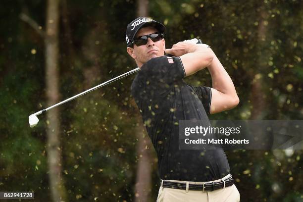 Adam Scott of Australia hits his tee shot on the 7th hole during the first round of the CJ Cup at Nine Bridges on October 19, 2017 in Jeju, South...