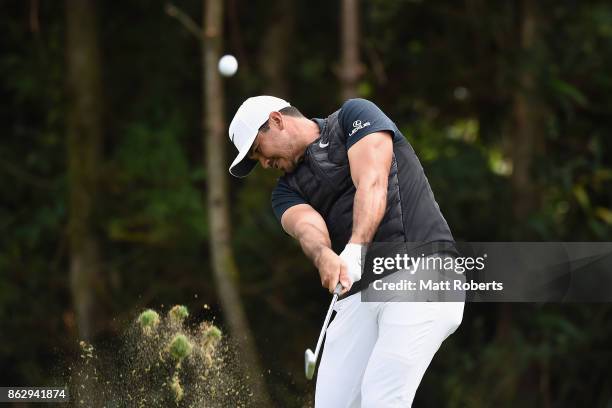 Jason Day of Australia hits his tee shot on the 7th hole during the first round of the CJ Cup at Nine Bridges on October 19, 2017 in Jeju, South...