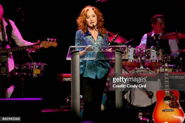 Honoree Bonnie Raitt speaks onstage during the Little Kids Rock Benefit 2017 at PlayStation Theater on October 18, 2017 in New York City.