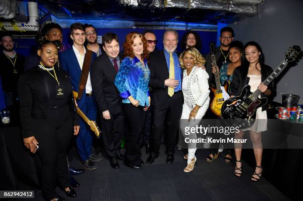 Mike Meyers, Bonnie Raitt, Elvis Costello, Michael McKean and Darlene Love pose with memebrs of NYC All Stars backstage during the Little Kids Rock...