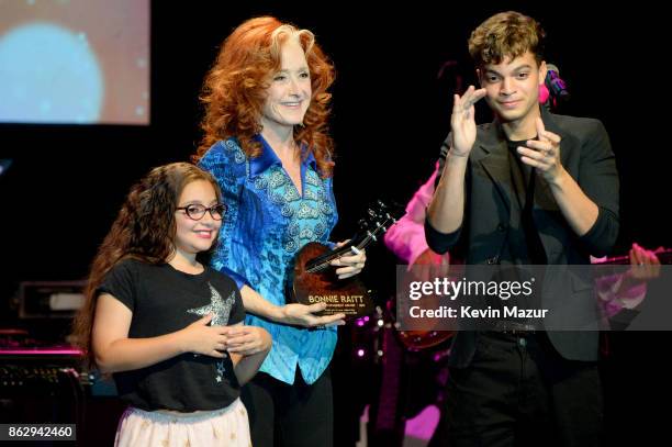 Honoree Bonnie Raitt speakss onstage during the Little Kids Rock Benefit 2017 at PlayStation Theater on October 18, 2017 in New York City.