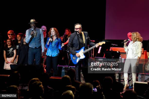 Keb' Mo', Bonnie Raitt, Elvis Costello and Darlene Love perform onstage during the Little Kids Rock Benefit 2017 at PlayStation Theater on October...