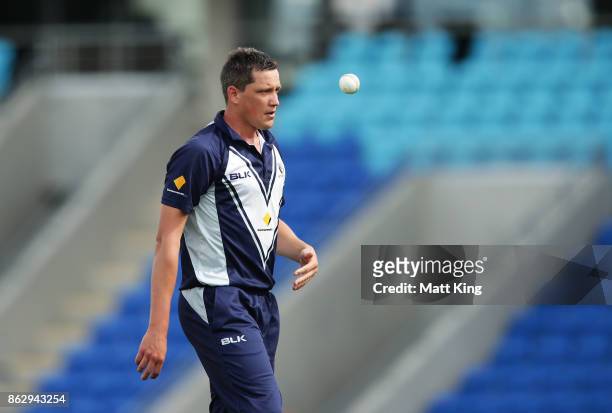 Chris Tremain of the Bushrangers prepares to bowl during the JLT One Day Cup match between South Australia and Victoria at Blundstone Arena on...