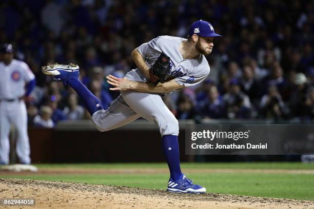 Tony Cingrani of the Los Angeles Dodgers pitches in the eighth inning against the Chicago Cubs during game four of the National League Championship...