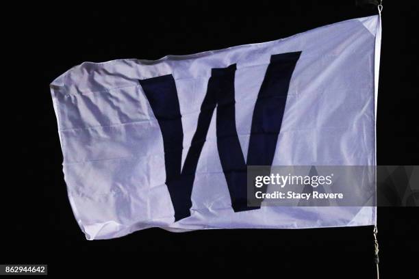 General view of the "W" flag flying after the Chicago Cubs beat the Los Angeles Dodgers 3-2 in game four of the National League Championship Series...