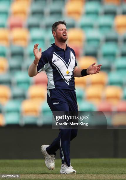 Dan Christian of the Bushrangers reacts after bowling during the JLT One Day Cup match between South Australia and Victoria at Blundstone Arena on...